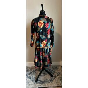 VINTAGE R. ATTAL PARIS Women's Cut Wool Floral Print Mock Neck Midi Dress SZ 10